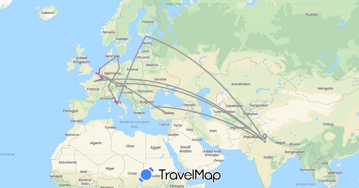 TravelMap itinerary: driving, plane, train in Belgium, Switzerland, Germany, Denmark, Finland, France, India, Italy, Luxembourg, Netherlands, Sweden, Turkey (Asia, Europe)